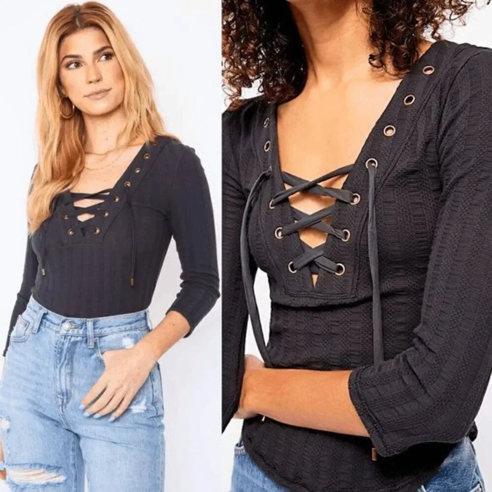 Free People Ice Cold Lace Up Grommets Blue Gray Ribbed Quarter Sleeve Top XS